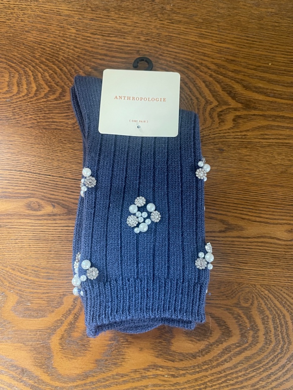 Anthropologie Navy Pearl & Crystal Floral Ribbed Socks
